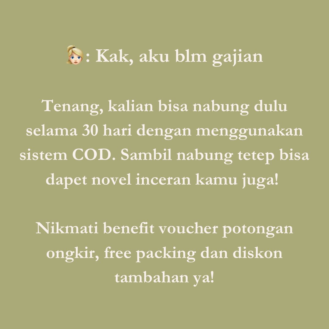 Kalian tim #NabungDulu atau #LangsungBeli?

Buat tim #NabungDulu gausah khawatir karena Minsi masih punya solusinya. Kalian boleh bgt nabung dulu tp tetep gak ketinggalan pre order novel kesukaan kalian 🫶

<a href="/jelitagauri/">jelita.</a>