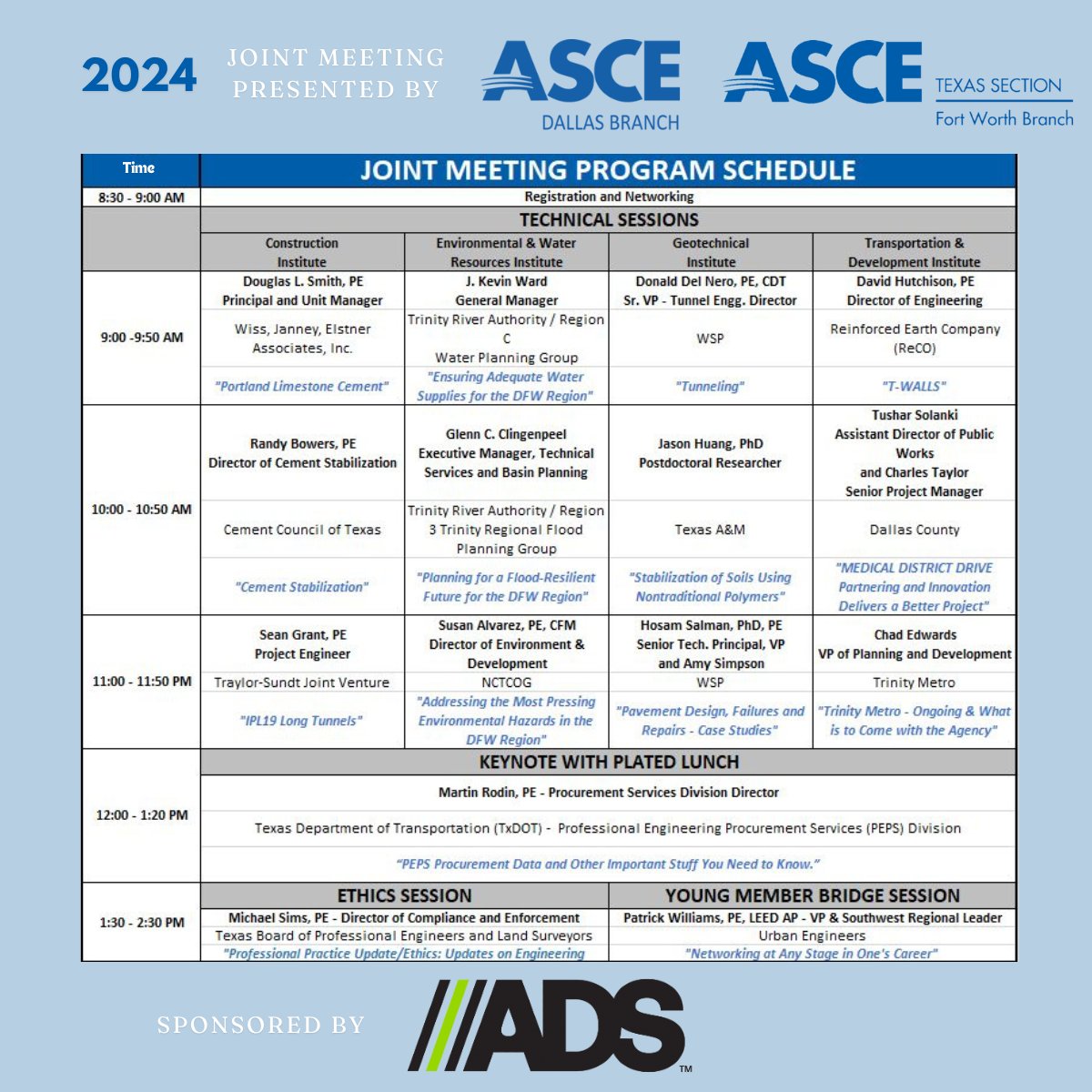 ⏰ There is still time to reserve your spot as an attendee for the 2024 ASCE Dallas Branch and ASCE Fort Worth Joint Meeting on Friday, July 19, 2024. This meeting is proudly sponsored by our title sponsor Advanced Drainage Systems, Inc.! 

👉 lnkd.in/g6jYn8Za
