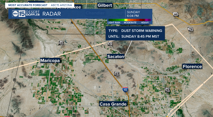 Attention Maricopa, Florence and Casa Grande - Dust Storm Warning until 8:45 pm. Severe t-storms to the south are push north and expected to kick up dirt/dust to reduce visibility along the I-10 to less than a mile. Pull to the side stay alive. <a href="/abc15/">ABC15 Arizona</a>