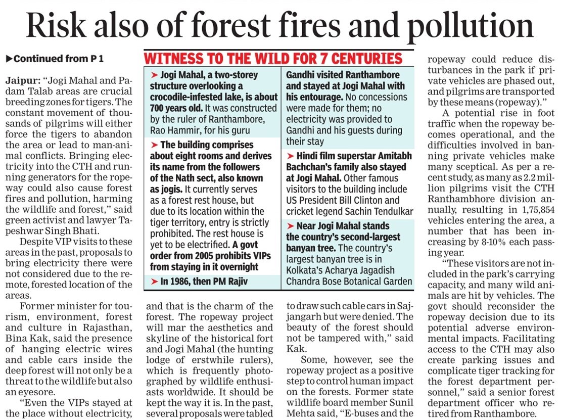 AjayUgrasTOI's tweet photo. #Rajasthan govt’s Budget announcement to prepare a detailed project report (DPR) for constructing a ropeway between #JogiMahal and #Ranthambore Fort in the critical #tiger habitat #CTH has drawn criticism from wildlife enthusiasts and environmentalists in the state. https://t.co/0AvO14wItm