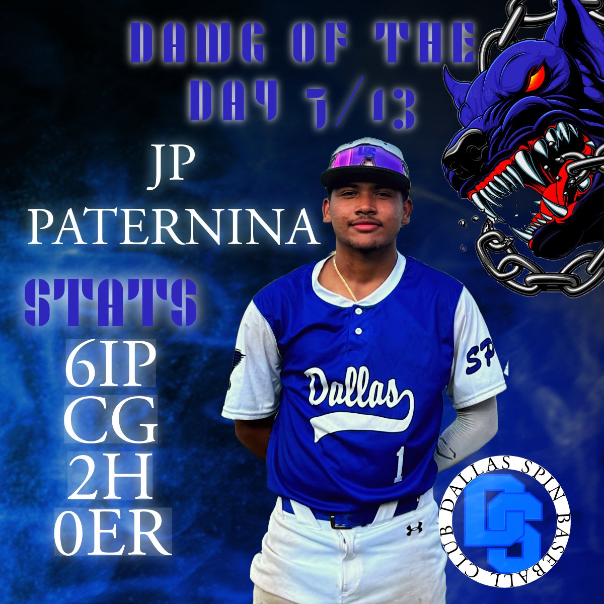 Our dawg of the day for 7/13 was Jp Paternina! Jp had an electric outting throwing a 6IP complete game, only giving up 2 hits and 0 earned runs!