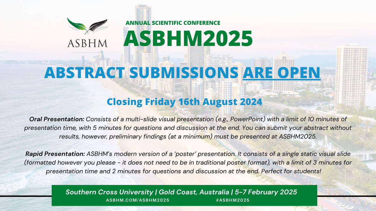Australasian Society for Behavioural Health & Med (@asbhm1) on Twitter photo To find out more information, or to submit your abstract, head to our website: asbhm.com/asbhm-2025-abs…
Remember, we have 4x $750 AUD travel scholarships available as well! To find out more information, or to submit your abstract, head to our website: asbhm.com/asbhm-2025-abs…
Remember, we have 4x $750 AUD travel scholarships available as well!
