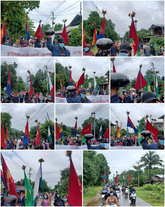 NantEiThandar's tweet photo. Dawei Democratic Movement Strike Committee #DDMSC joined together by Women, Youth, local people and marched Anti Military Dictatorship Demonstration in #Launglon Township on July 14. #WhatsHappeningInMyanmar #2024Jul15Coup https://t.co/9Zc9jPbRcz