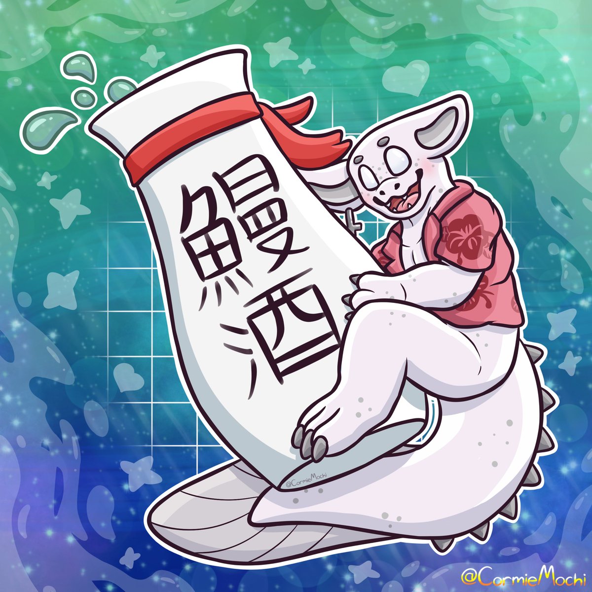 A precious little creechur enjoying a bottle for the sake of sake! It’s Eel!! I freakin’ adored drawing this adorable water spirit a whole ton, their design is just so gosh darn good and I just love them and how this turned out to pieces! Art fight revenge for <a href="/eelsake_/">Cosmic🦋⛅️bsky</a>!! &lt;3