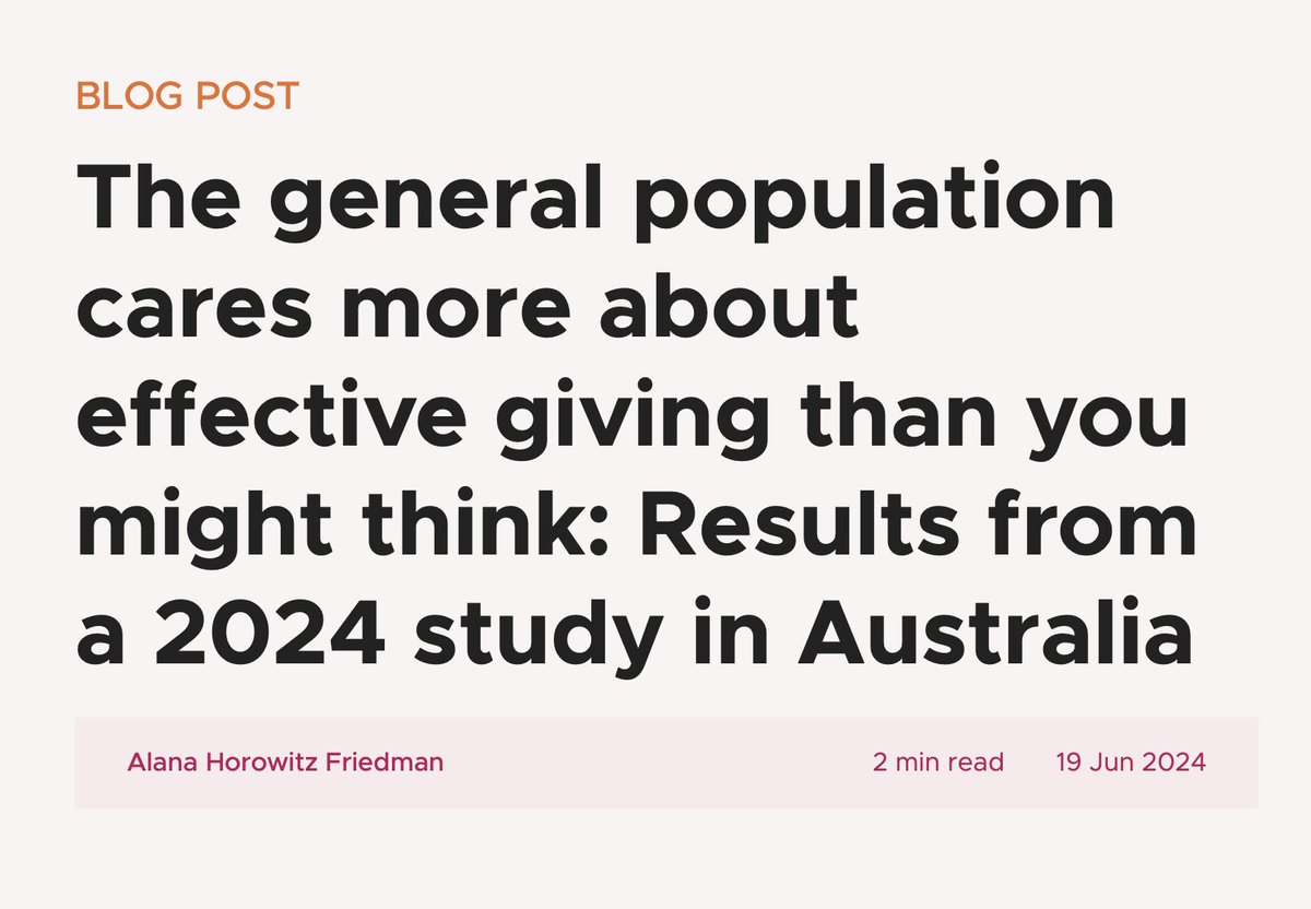 Great news from a new study:
🔸79% think #effectivegiving should be the norm
📊87% are willing to move donations to highly-effective orgs
🌟93% would consult a reliable source to compare effectiveness before donating
✅This amid the cost of living crisis!
givingwhatwecan.org/en/blog/austra…