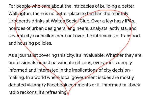 urbanerds (@urbanerds) on Twitter photo "For people who care about ... building a better Wellington, there is no better place to be than the monthly Urbanerds drinks" 😊🫡 Stoked to hear this about our nerdy gatherings from <a href="/JoelMacManus/">Joel MacManus</a> Eh <a href="/mr_mccallum/">Mr M</a> <a href="/oliverbruce/">oliver bruce</a> <a href="/fixiebelle/">Isabella Cawthorn</a> ! thespinoff.co.nz/wellington/15-… "For people who care about ... building a better Wellington, there is no better place to be than the monthly Urbanerds drinks" 😊🫡 Stoked to hear this about our nerdy gatherings from <a href="/JoelMacManus/">Joel MacManus</a> Eh <a href="/mr_mccallum/">Mr M</a> <a href="/oliverbruce/">oliver bruce</a> <a href="/fixiebelle/">Isabella Cawthorn</a> ! thespinoff.co.nz/wellington/15-…