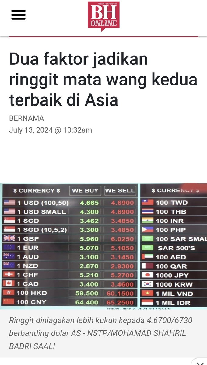 mdzawawimughni's tweet photo. Ketika rakyat Malaysia dihujani dengan tohmahan dari PN bahawa  ringgit rendah dan lemah rupa-rupanya Ringgit melonjak jadi kedua terbaik Asia..! https://t.co/sSeeZV3zDb