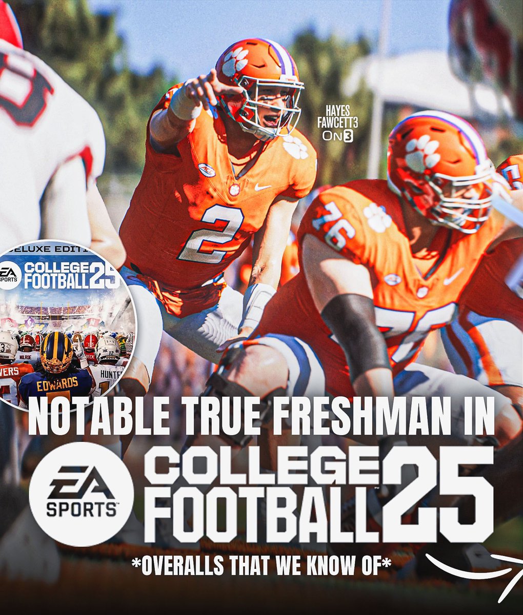 Notable True Freshmen Overalls in EA CFB 25:

🌰WR Jeremiah Smith- 84
🐶CB Ellis Robinson IV- 83 
🦅WR Cam Coleman- 81 
🐘WR Ryan Williams- 81
🐶LB Justin Williams- 80 
🐊QB DJ Lagway- 80 
🌽QB Dylan Raiola- 80 
🤘🏼EDGE Colin Simmons- 79
🦬OT Jordan Seaton- 79 
🌰QB Julian Sayin -