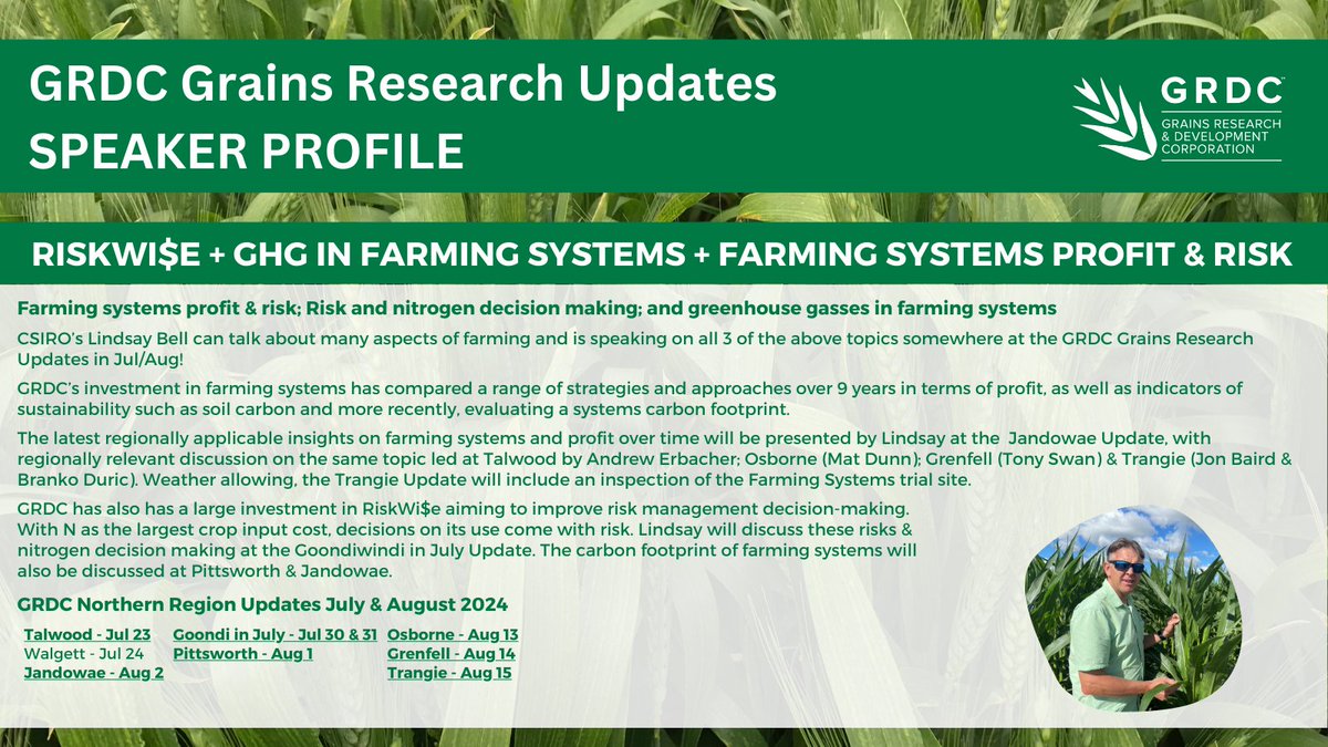 GRDCNorth's tweet photo. Loads of topics in the upcoming GRDC Updates including farming systems with @AndrewErbacher at #Talwood, @tony_swan64 at #Grenfell, @MathewDunn19 at #Osborne and @jonobaird @BrankoDpi at #Trangie & @lindsaywbell at #Jandowae
Details: https://t.co/LHGpVH4vYw #GRDCUpdates https://t.co/EPpN7gz9hc