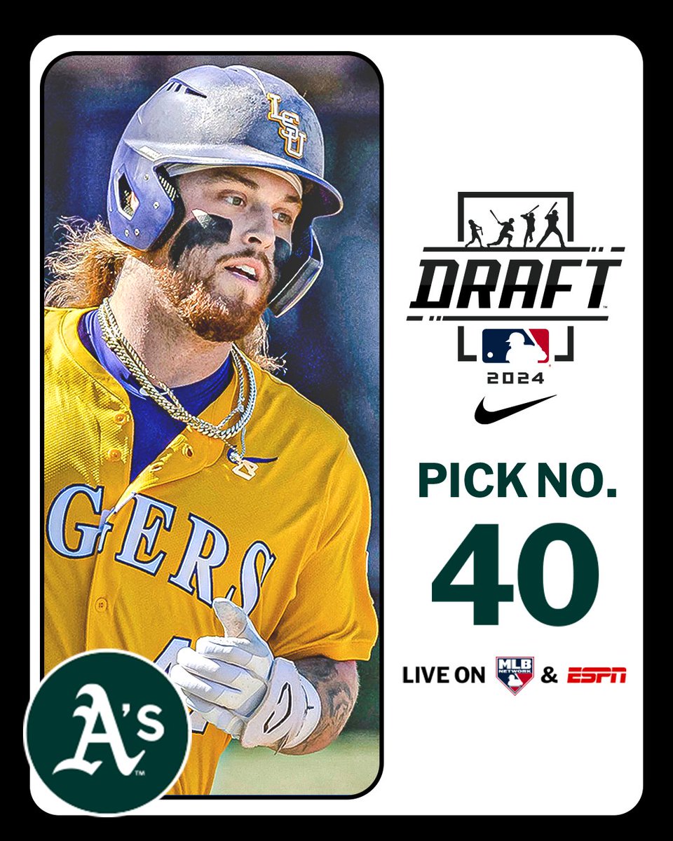 With the 40th pick in the 2024 Draft, the <a href="/Athletics/">Athletics</a> select <a href="/LSUbaseball/">LSU Baseball</a> third baseman Tommy White, No. 20 on the Top 250 Draft Prospects list.

Watch LIVE: atmlb.com/3zAvMhu