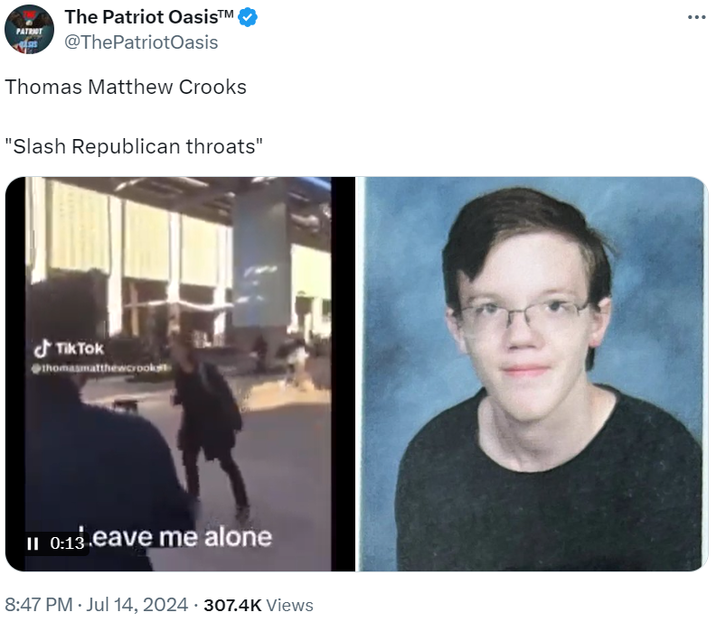 Shayan86's tweet photo. This video of a man shouting "slash Republican throats" is being widely shared, with claims that the man is Thomas Matthew Crooks, who shot Trump at a rally in Pennsylvania.

However, the video was filmed in Arizona State University in 2020. Crooks was in high school then. https://t.co/WyaSoOZLsT