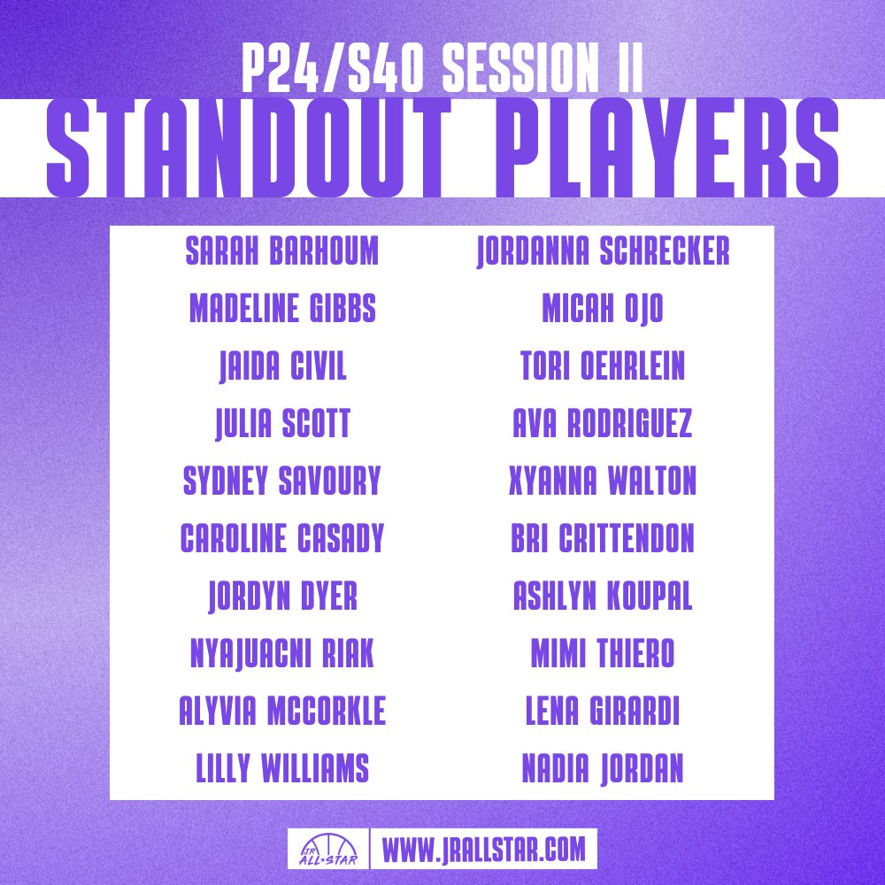 Jr. All-Star Girls Basketball (@jrallstarbb) on Twitter photo 𝗦𝗧𝗔𝗡𝗗𝗢𝗨𝗧 𝗣𝗟𝗔𝗬𝗘𝗥𝗦 at Day 1 of Power 24 / Select 40 Session II❕
<a href="/SelectEventsBB/">Select Events Basketball</a> <a href="/BarhoumSara/">Sara barhoum</a> <a href="/madeline_gibbs2/">Madeline Gibbs</a> <a href="/JaidaCivil/">Jaida Civil</a> <a href="/juliascott2026/">Julia Scott</a> <a href="/SavourySavoury2/">Sydney Savoury</a> <a href="/jordyndyer5/">Jordyn Dyer</a> <a href="/NyajuacniRiak/">Nyajuacni Riak</a> <a href="/AlyviaMccorkle/">Alyvia McCorkle</a> <a href="/LillyAWilliams/">Lilly Williams</a> <a href="/JordannaS35/">Jordanna Schrecker</a> <a href="/micah_ojo/">Micah Ojo</a> <a href="/OehrleinTori/">Tori Oehrlein</a> <a href="/AvaRod11/">Ava Rodriguez</a> 𝗦𝗧𝗔𝗡𝗗𝗢𝗨𝗧 𝗣𝗟𝗔𝗬𝗘𝗥𝗦 at Day 1 of Power 24 / Select 40 Session II❕
<a href="/SelectEventsBB/">Select Events Basketball</a> <a href="/BarhoumSara/">Sara barhoum</a> <a href="/madeline_gibbs2/">Madeline Gibbs</a> <a href="/JaidaCivil/">Jaida Civil</a> <a href="/juliascott2026/">Julia Scott</a> <a href="/SavourySavoury2/">Sydney Savoury</a> <a href="/jordyndyer5/">Jordyn Dyer</a> <a href="/NyajuacniRiak/">Nyajuacni Riak</a> <a href="/AlyviaMccorkle/">Alyvia McCorkle</a> <a href="/LillyAWilliams/">Lilly Williams</a> <a href="/JordannaS35/">Jordanna Schrecker</a> <a href="/micah_ojo/">Micah Ojo</a> <a href="/OehrleinTori/">Tori Oehrlein</a> <a href="/AvaRod11/">Ava Rodriguez</a>