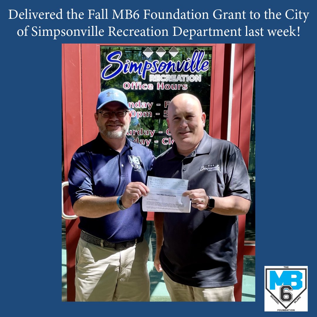 MB6Foundation's tweet photo. We were out and about in the community this past week, delivering grants to the local recreation departments.

@discoversimpsonville
@DiscoverSville https://t.co/3eq11xTwcu
