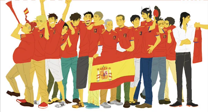 2010のW杯制覇の時には自分の作品に出てくるスペイン人キャラクター集めて決勝戦の日の漫画描いたけど、短編系のキャラクターとはいえスペイン人だいぶいるな。(当時Golondrina連載開始前) 