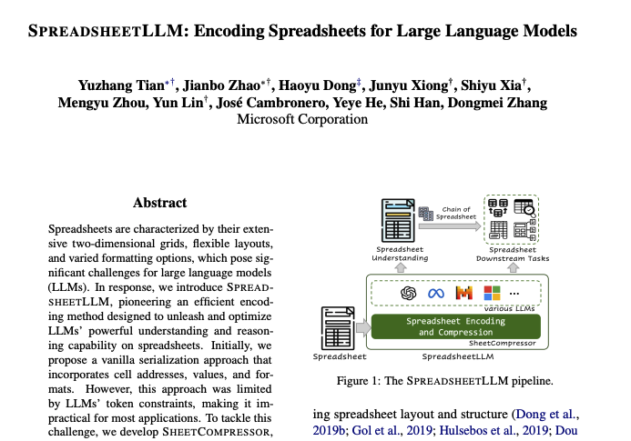 Microsoft presents SpreadsheetLLM

Encoding Spreadsheets for Large Language Models

Spreadsheets, with their extensive two-dimensional grids, various layouts, and diverse formatting options, present notable challenges for large language models (LLMs). In response, we introduce