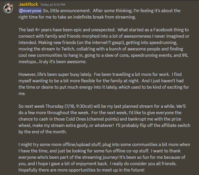 JaekRock's tweet image. Difficult chapter to close, but made the decision it was time to wind down streaming...going to be taking a break after this week, so stop in if you can! Thanks to all who made it awesome!