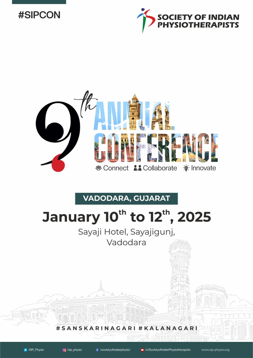 SIP_Physio's tweet photo. We are excited to share the details of our 9th Annual Conference scheduled for Jan 10 to 12, 2025 at Hotel Sayaji, Vadodara, Gujarat.
#SIPCON #IndianPhysios #GlobalPTs #Physiotherapy https://t.co/n0qkoLQQak