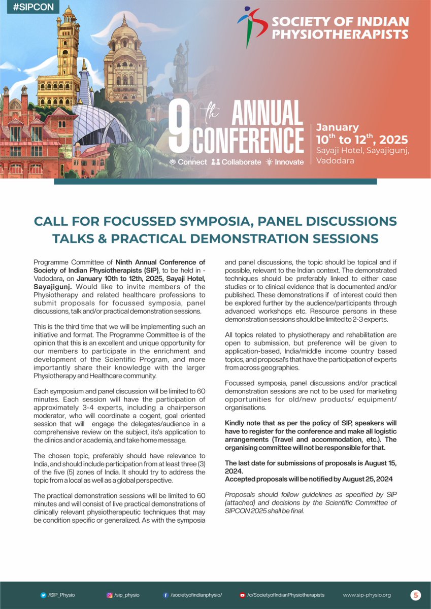 SIP_Physio's tweet image. We invite eligible PT Colleagues to visit our website sip-physio.org for the Call for Speakers and Abstracts.

#SIPCON #IndianPhysios #GlobalPTs #Physiotherapy