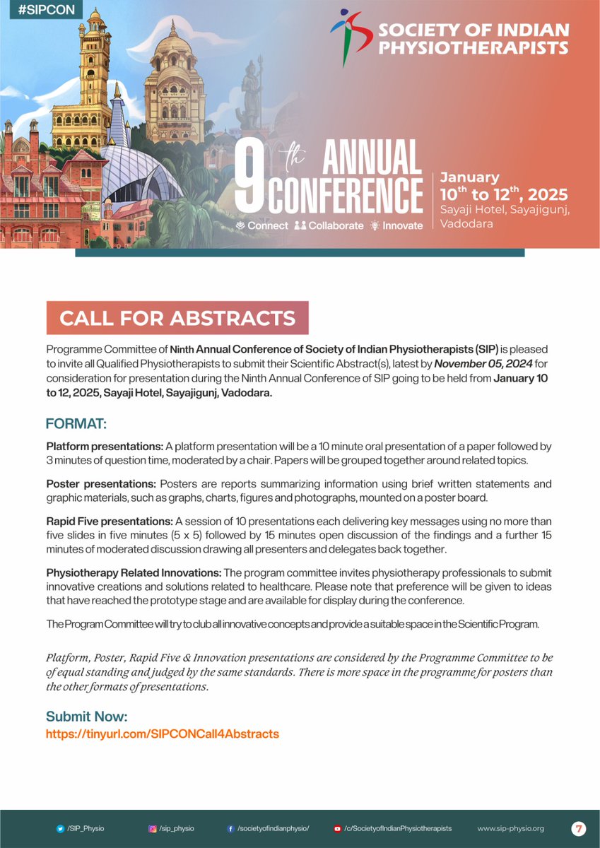SIP_Physio's tweet image. We invite eligible PT Colleagues to visit our website sip-physio.org for the Call for Speakers and Abstracts.

#SIPCON #IndianPhysios #GlobalPTs #Physiotherapy