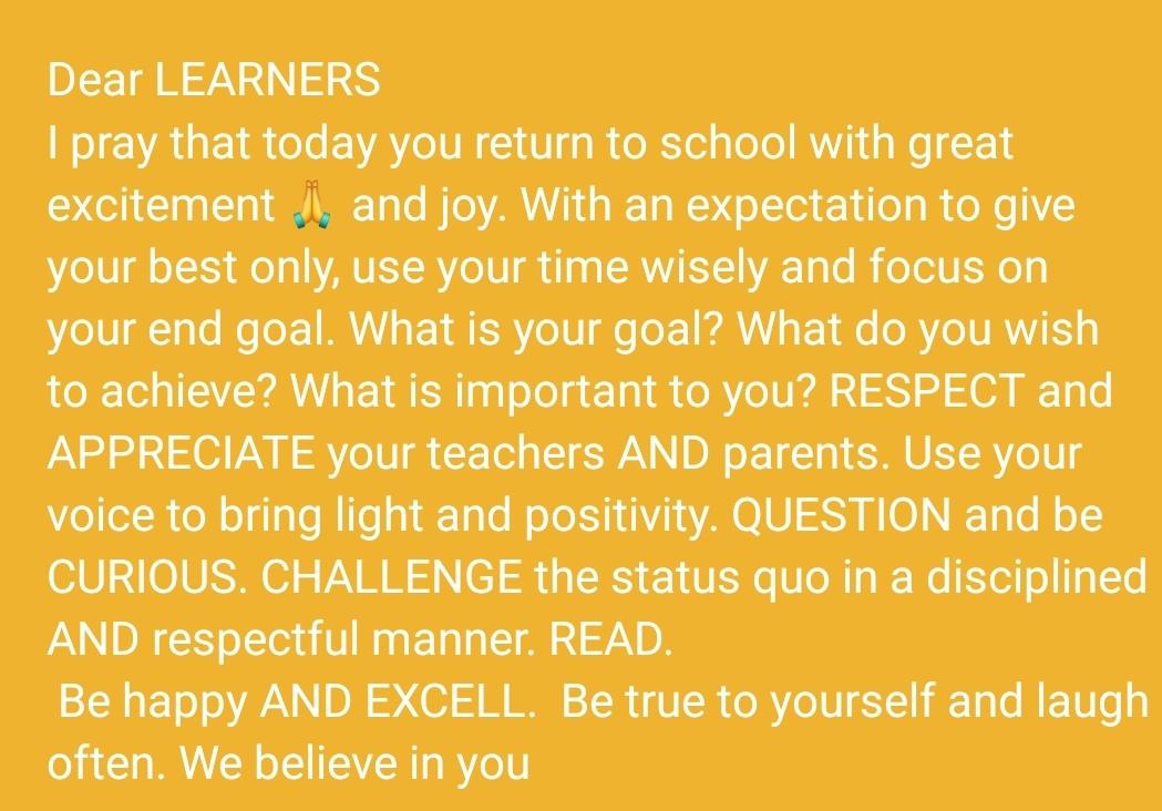 SteenkampSanet's tweet photo. Dear learners...welcome back to school! https://t.co/ybKkF0tVis