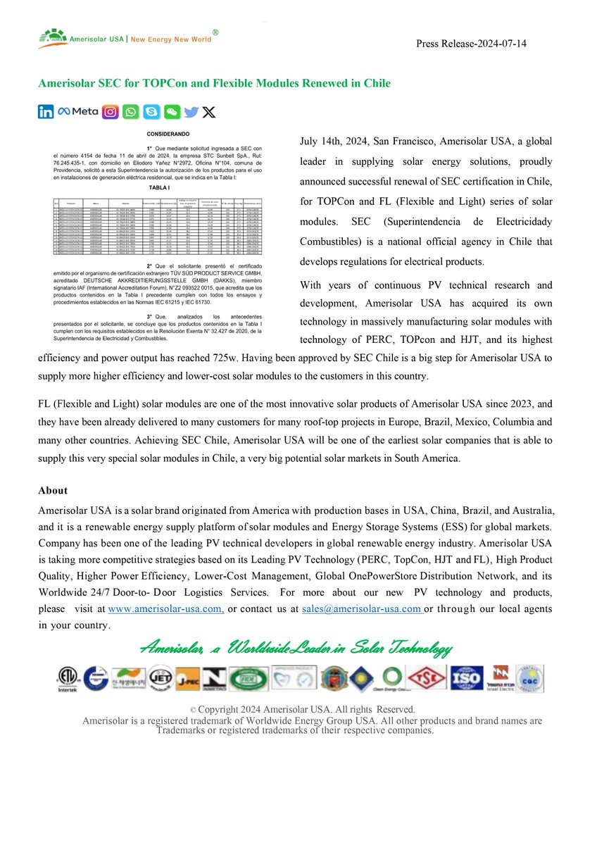 Fockee001's tweet photo. Amerisolar SEC for TOPCon and Flexible Modules Renewed in Chile.

#solar #global #solarindustry #solarinstallation #solarpanel #topcon #Chile #photovoltaic #cleanclear #renewable #solarcleaning #pvmodules #energy #green https://t.co/cOeWdxEDai