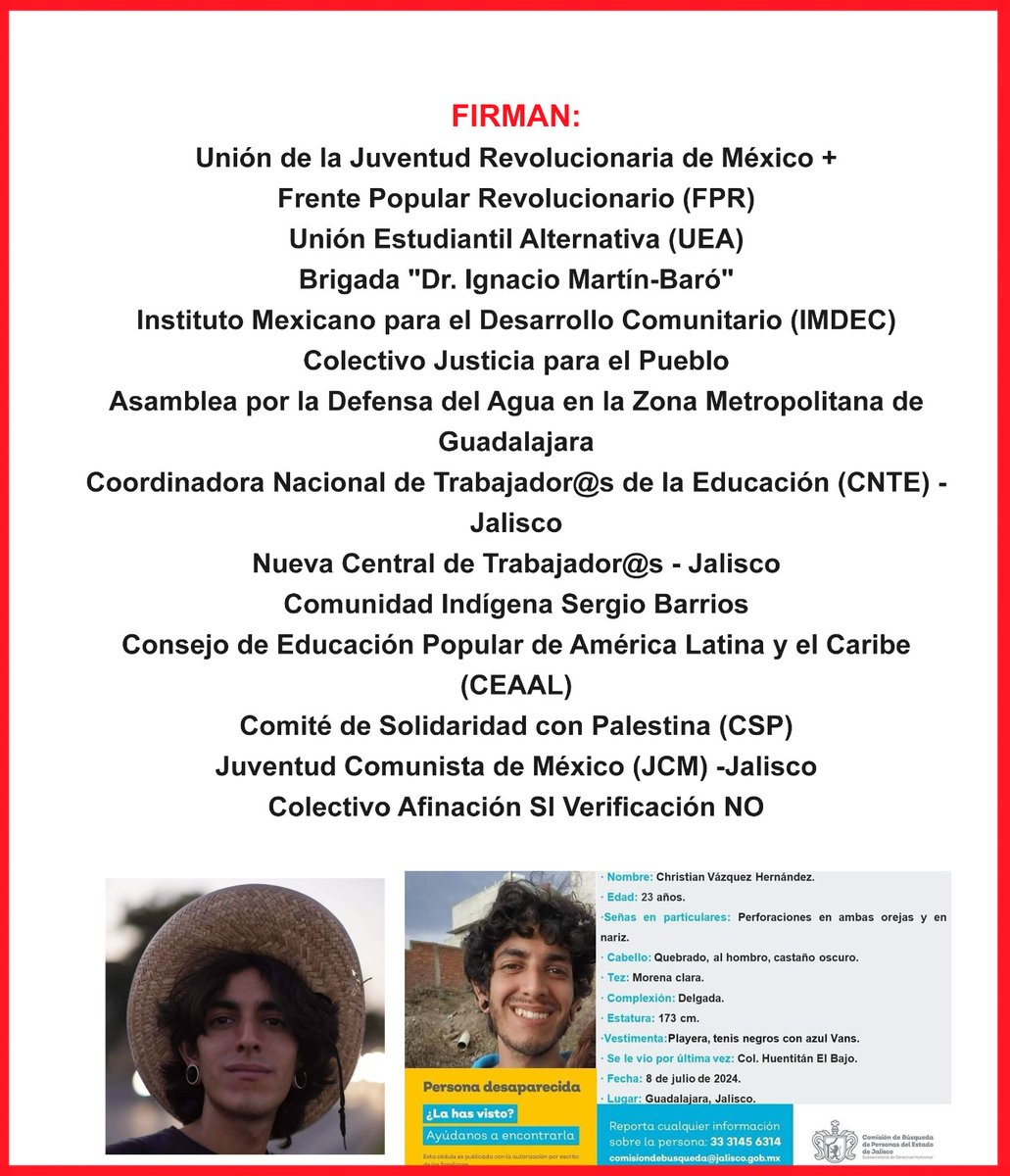 UJRMJalisco's tweet photo. 🚨Exigimos la búsqueda inmediata y la aparición con vida del compañero del @CUAAD_UdeG Christian Vázquez Hernández. Se le vió por última vez en Huentitán El Bajo, #Gdl y se encuentra desaparecido desde el 8/07/2024.
@rvillanueval  @EnriqueAlfaroR @udg_oficial 

#HastaEncontrarte https://t.co/6pqnMhOnp3