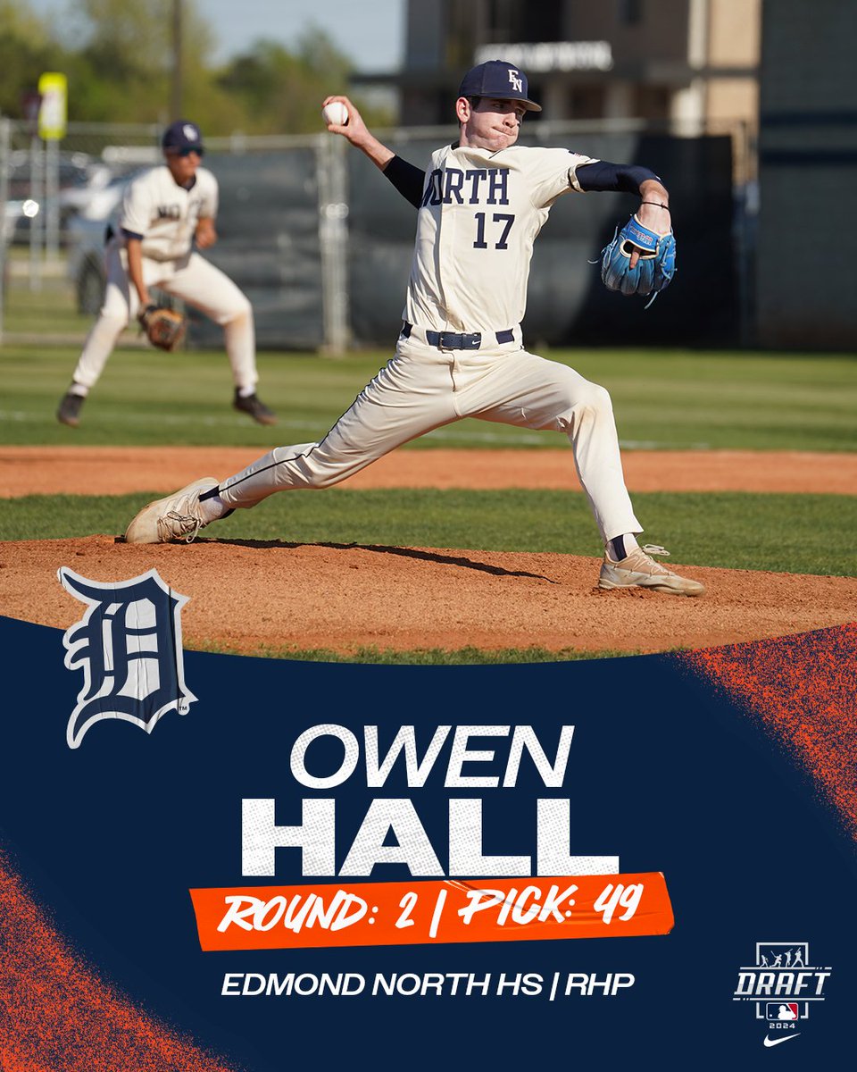 tigers's tweet photo. With the 49th pick in the 2024 #MLBDraft, the Detroit Tigers select RHP Owen Hall. https://t.co/yNzbL5wduA