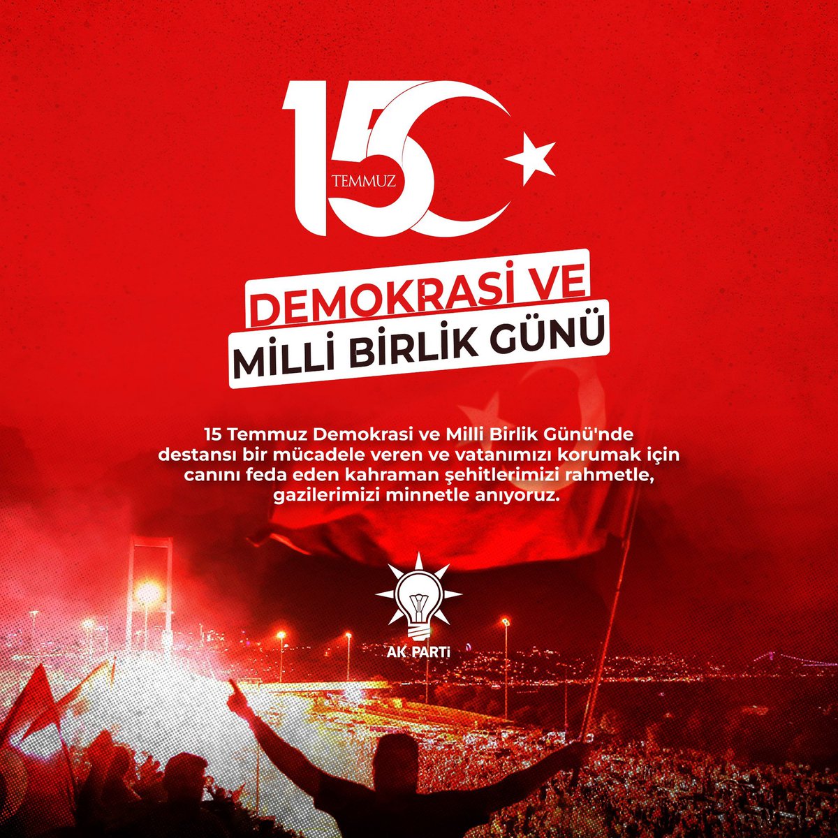 akpartihani's tweet photo. 15 Temmuz Demokrasi ve Milli Birlik Günü'nde destansı bir mücadele veren ve vatanımızı korumak için canını feda eden kahraman şehitlerimizi rahmetle, gazilerimizi minnetle anıyoruz.

#15TemmuzDestanı https://t.co/Odzk7wf6rU