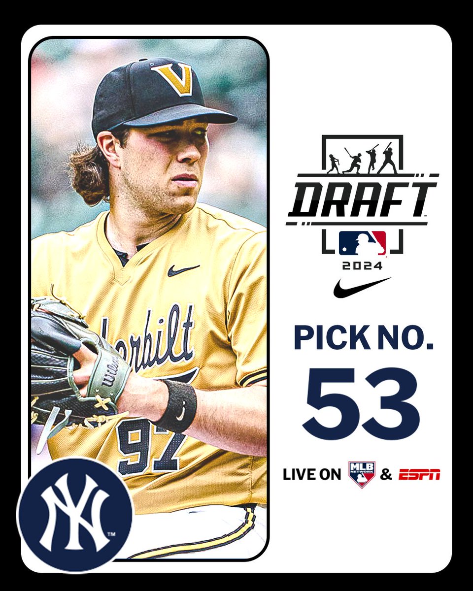 With the 53rd pick in the 2024 Draft, the <a href="/Yankees/">New York Yankees</a> select <a href="/VandyBoys/">Vanderbilt Baseball</a> right-handed pitcher Bryce Cunningham, No. 63 on the Top 250 Draft Prospects list.

Watch LIVE: atmlb.com/3zAvMhu