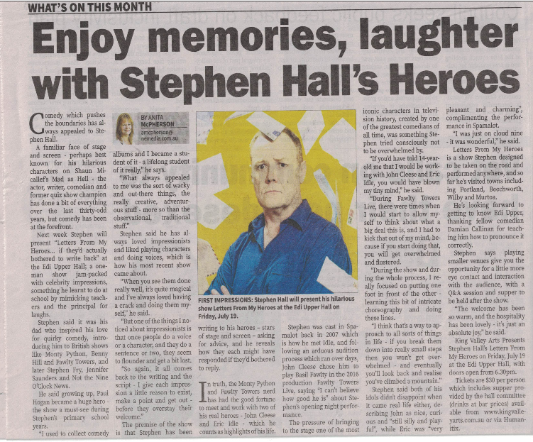 The_StephenHall's tweet photo. #RAVontheroad #RAVontour #RegionalArtsVictoria
#LettersFromMyHeroes
Lovely chat with Anita McPherson from 'The Wangaratta Chronicle' the other day... see you on Friday, Edi Upper! https://t.co/IYqSufmAII