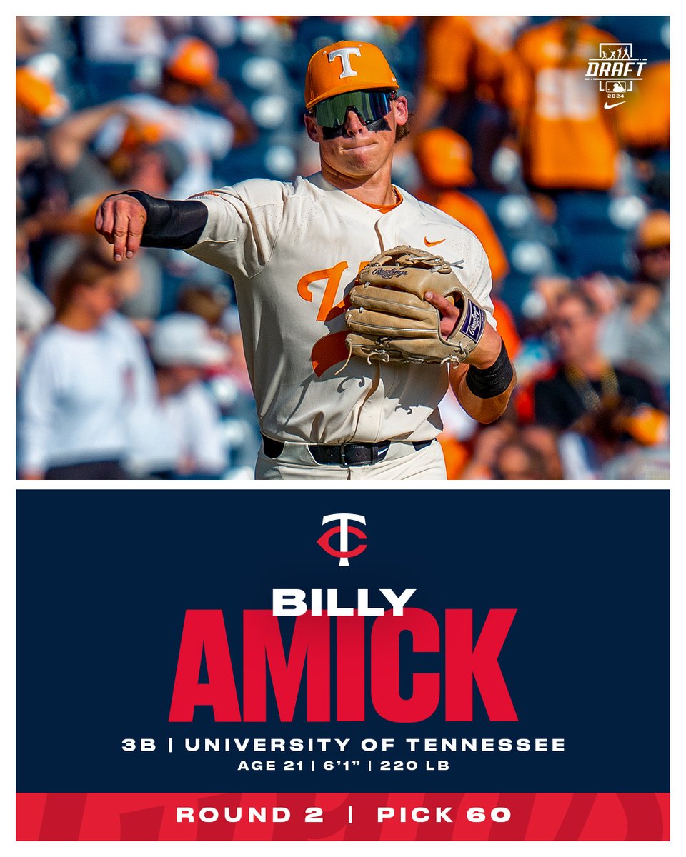 TN ➡️ MN

With the 60th pick in the 2024 #MLBDraft, we have selected Billy Amick.