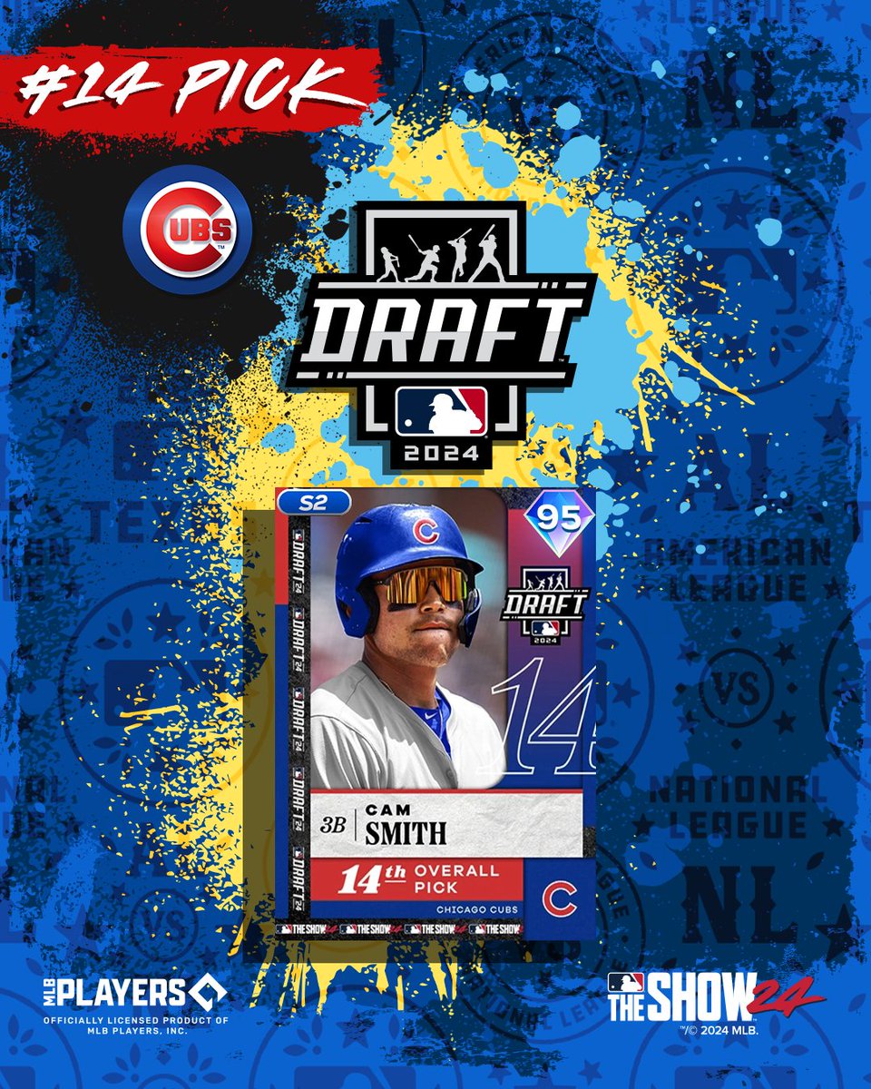 MLBTheShow's tweet photo. The @Cubs select Cam Smith with the #14 pick in the 2024 #MLBDraft! 🐻

Congratulations Cam and welcome to The Show!

#YouHaveToSeeIt | #MLBTheShow https://t.co/uunIt60sxv