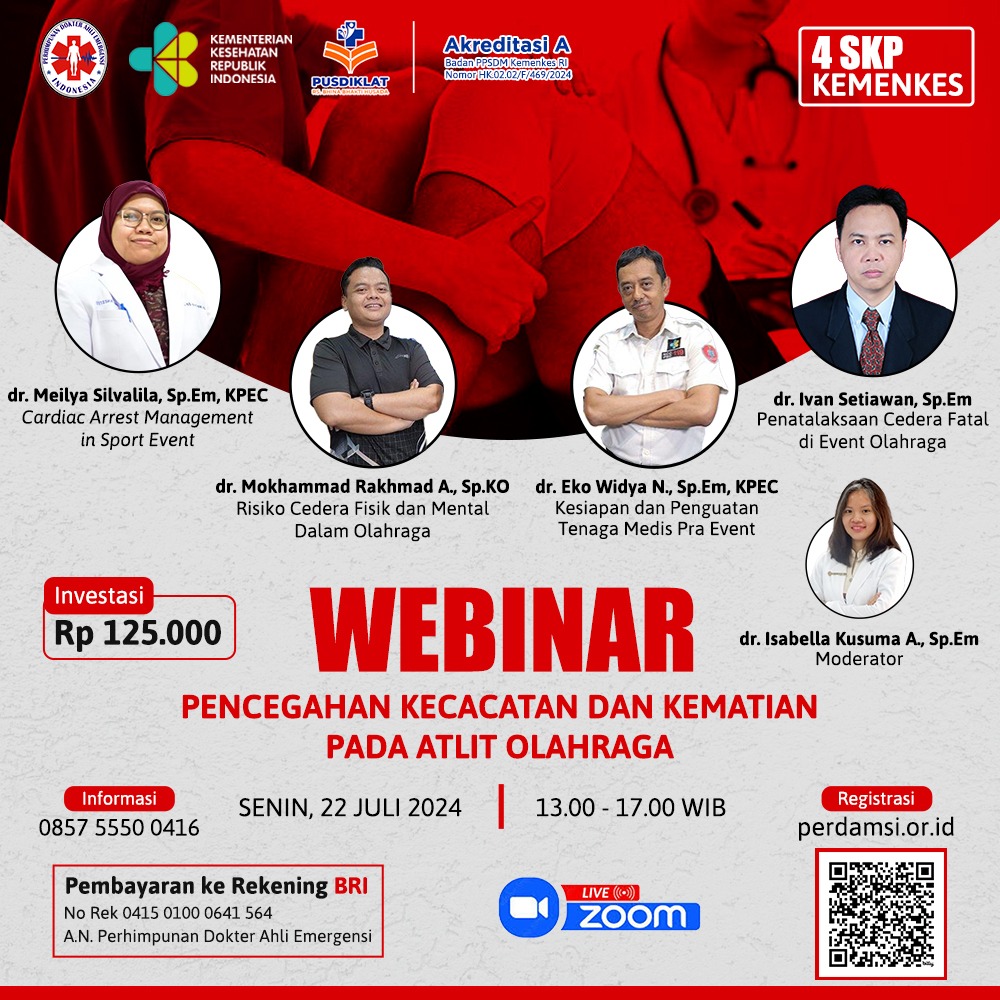 perdamsi's tweet photo. Webinar "Pencegahan Kecacatan dan Kematian Pada Atlit Olahraga"

🗓 Senin, 22 Juli 2024
⏰️. Jam 13.00 – 17.00 WIB

Investasi
Rp. 125.000

E-Sertifikat
4 SKP Kemenkes

Registrasi
https://t.co/ZoU8rBR5NB

Informasi :
0857 5550 0416 / WA

#webinar
#perdamsi
#webinarkemenkes https://t.co/tzaNSJJvuY
