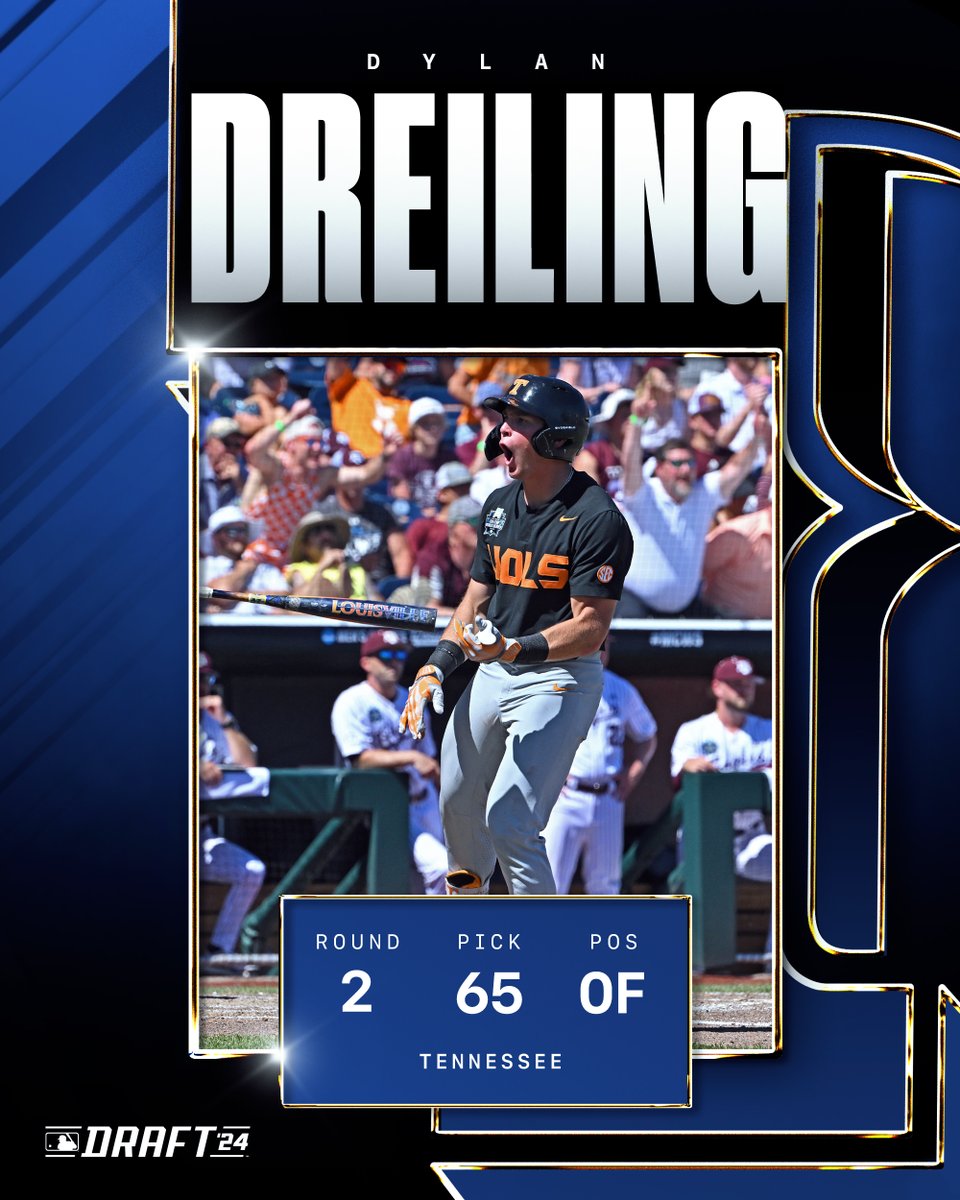 Rangers's tweet photo. With the 65th pick of the 2024 #MLBDraft, the Texas Rangers select OF Dylan Dreiling from @Vol_Baseball. https://t.co/FpFtLygNUA