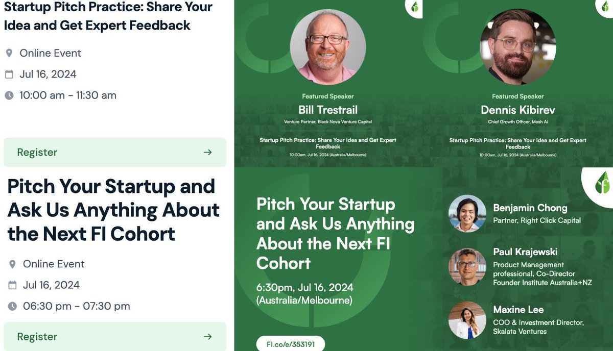 FoundingSyd's tweet photo. Tomorrow Tuesday 16-July we have two different online events for all of #Australia and #NewZealand to meet & pitch #FounderInstitute #mentors 10AM Sydney time and 6:30PM Sydney time https://t.co/VGolBzy0V2 #FiWorldwide #Accelerator #StartAUS #StartupNZ #StartOz #Founder Institute https://t.co/ZKew1LdDFY