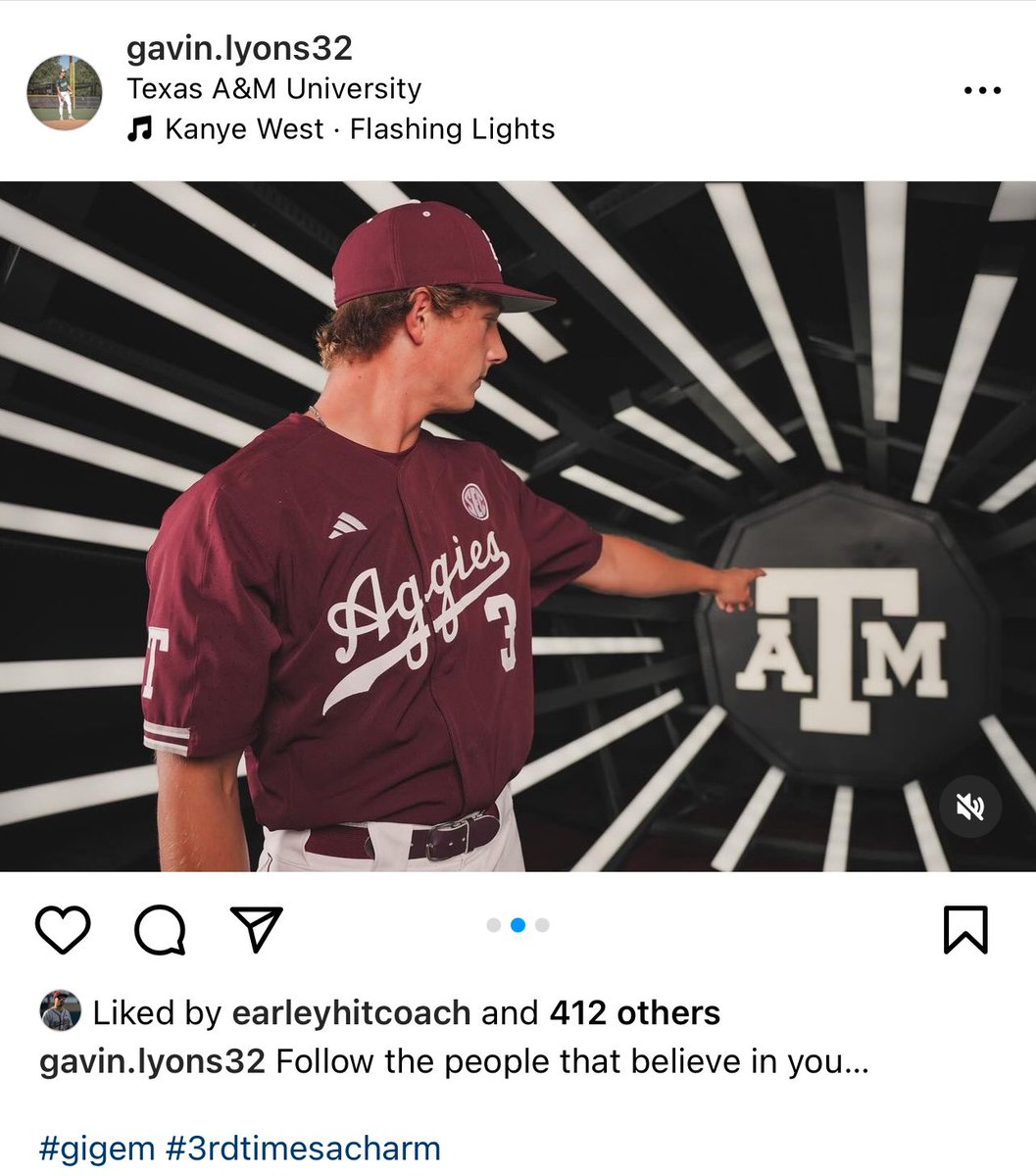 Ryan Brauninger (@r_brauninger) on Twitter photo Texas A&M baseball has added to their 2024 signing class as RHP Gavin Lyons has committed to the Aggies while on campus for a visit. Huge upside here that could impact next year’s pitching staff because of his unique delivery and arm talent.
He had previously signed with Texas. Texas A&M baseball has added to their 2024 signing class as RHP Gavin Lyons has committed to the Aggies while on campus for a visit. Huge upside here that could impact next year’s pitching staff because of his unique delivery and arm talent.
He had previously signed with Texas.