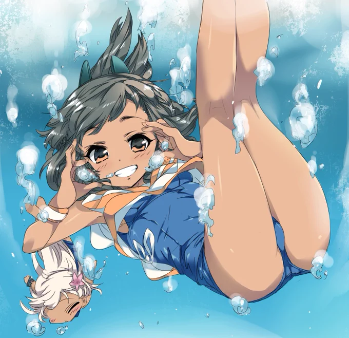 本日は #海の日 という事で、海で泳ぐしおいちゃんとろーちゃんの絵を再掲載(艦娘には海が似合いますねぇ…)#艦これ #伊401 #呂500 