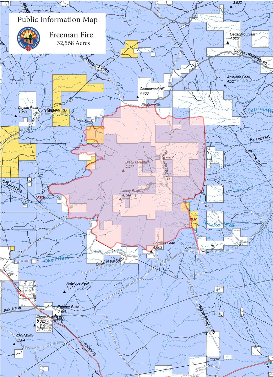 azstateforestry's tweet photo. #FreemanFire PM Update for Sun. 7/14/24:
Fire mapped today at 32,568 ac. w/65% containment.
GO status lifted for Willow Springs Ranch & all residents returned to ready. All roads w/n fire area remain closed to the public. An infrared flight is scheduled for tonight to determine where heat remains along the fire's edge & w/n the interior.
https://t.co/rItZmp37Bj