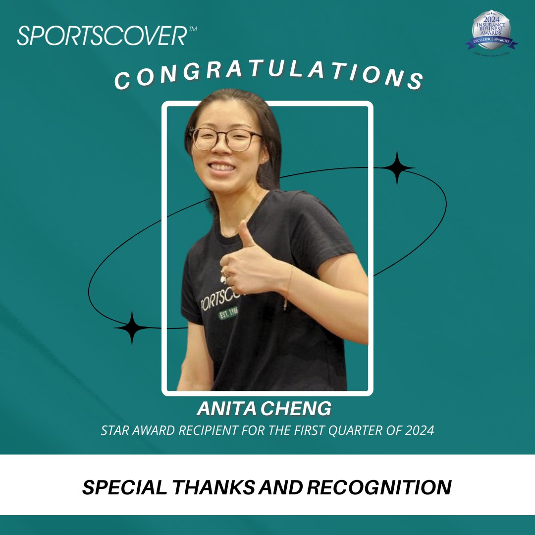 Sportscover are proud to announce Anita Cheng was the ‘Special Thanks and Recognition’ (STAR) Award recipient for the first quarter of 2024.
 
On behalf of everyone at Sportscover, we wish to thank and congratulate Anita on winning the STAR Award for this quarter. Well deserved!