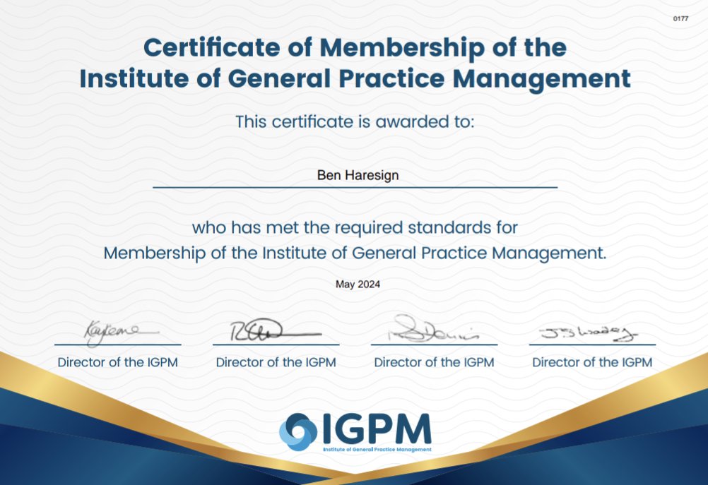 BenHaresign's tweet image. Thrilled to be an accredited IGPM member and the Regional Rep for Coventry &amp;amp; Warwickshire! Exciting developments ahead as we support General Practice in tackling challenges. #IGPM #GeneralPractice #Healthcare @TheBMA @NHSEngland