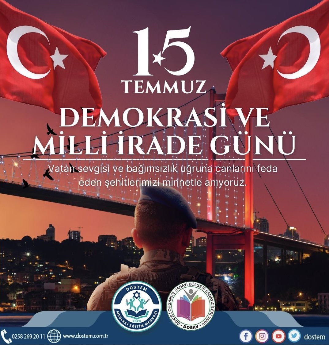DostemDenizli's tweet image. 15 Temmuz 2016’daki Millet iradesine yapılan hain darbe girişimine karşı, vatanın her yerinde kahramanlık destanı yazan tüm Şehitlerimizi rahmet, Gazilerimizi minnet ve şükranla anıyoruz. 

#15temmuz🇹🇷 
#milletinzaferi🇹🇷 
@DenizliOsb  #dostem #denizli #15temmu