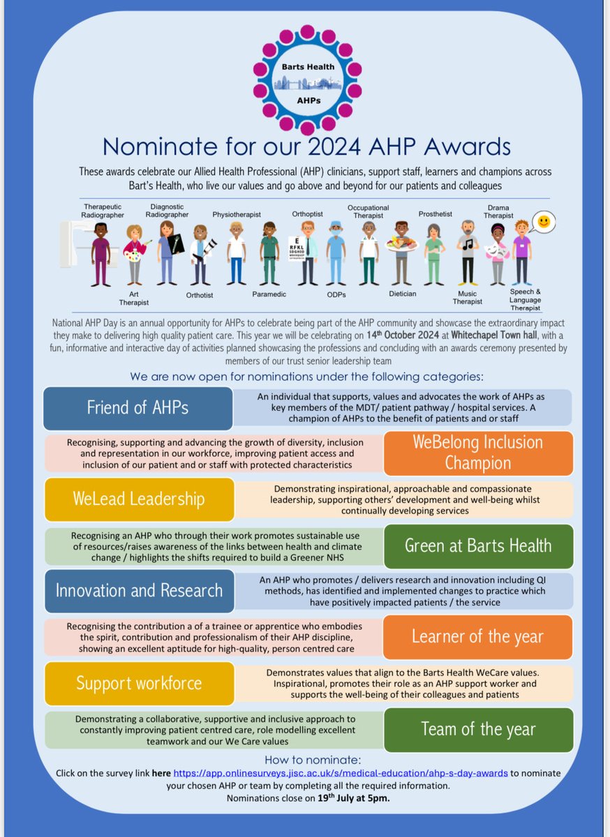 Joe McQuillan (@lorthoptics) on Twitter photo 🌟🎉<a href="/NHSBartsHealth/">Barts Health</a> #AHP awards are open!! 🌟🎉
Please nominate the amazing AHPs you work alongside so we can celebrate the fantastic work they do.
Follow Weshare page to nominate or follow the internal link- app.onlinesurveys.jisc.ac.uk/s/medical-educ… <a href="/CAlexanderNHS/">Caroline Alexander</a> <a href="/shanedegaris/">Shane Degaris</a> <a href="/ChesserAlistair/">Alistair Chesser</a> 🌟🎉<a href="/NHSBartsHealth/">Barts Health</a> #AHP awards are open!! 🌟🎉
Please nominate the amazing AHPs you work alongside so we can celebrate the fantastic work they do.
Follow Weshare page to nominate or follow the internal link- app.onlinesurveys.jisc.ac.uk/s/medical-educ… <a href="/CAlexanderNHS/">Caroline Alexander</a> <a href="/shanedegaris/">Shane Degaris</a> <a href="/ChesserAlistair/">Alistair Chesser</a>