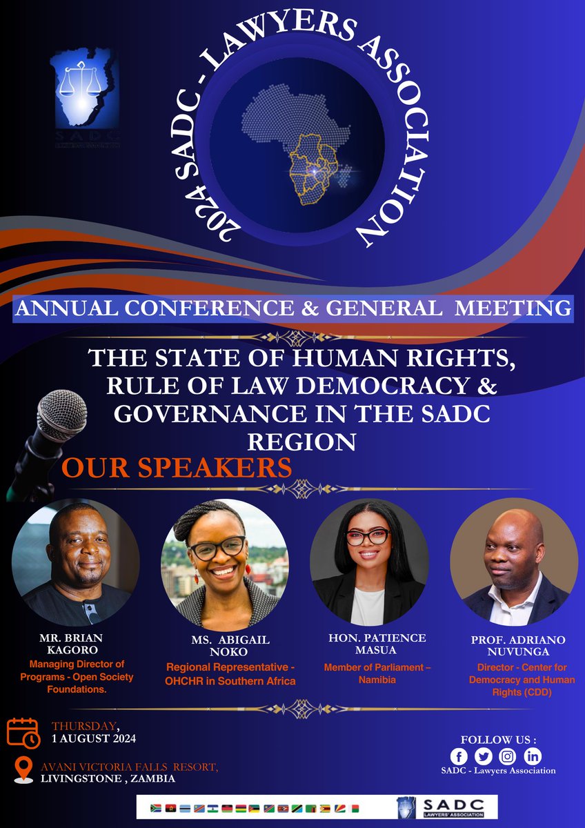 Join the SADC Lawyers Association Annual Conference Session on the State of Human Rights, Rule of Law Democracy and Good Governance. Your insights are invaluable to our discussions. Register to attend the 2024 SADC-LA ACGM  sadcla-agmc.africa/registration/