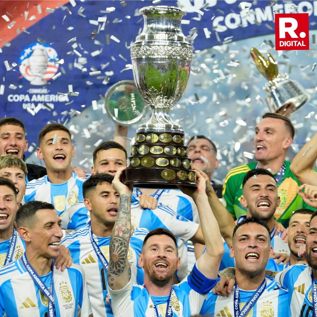 republic's tweet photo. Argentina successfully defended their championship in the 2024 Copa America finals by defeating Colombia 1-0 at the Hard Rock Stadium in Miami Gardens, Florida
.
.
.
#Argentina | #Colombia | #Hardrockstadium | #Football | #LionelMessi | #CopaAmericafinal | #Messi | #Florida | #America | #RepublicTV | #Republicworld