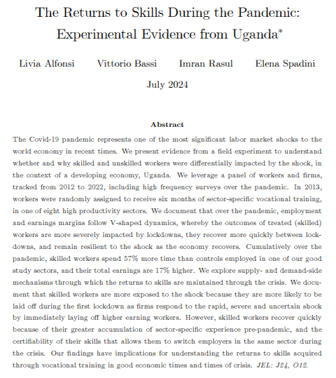 Imran Rasul (@imranrasul3) on Twitter photo New WP: on the returns to worker skills during the pandemic. Combines 10-year panel data on workers and firms to study how each reacted to the pandemic shock.
With the fantastic team of <a href="/livia_alfonsi/">Livia Alfonsi</a> <a href="/bassi_vittorio/">Vittorio Bassi</a> and <a href="/spadini_elena/">Elena Spadini</a>
Comments welcome!
bit.ly/Covidworkers New WP: on the returns to worker skills during the pandemic. Combines 10-year panel data on workers and firms to study how each reacted to the pandemic shock.
With the fantastic team of <a href="/livia_alfonsi/">Livia Alfonsi</a> <a href="/bassi_vittorio/">Vittorio Bassi</a> and <a href="/spadini_elena/">Elena Spadini</a>
Comments welcome!
bit.ly/Covidworkers