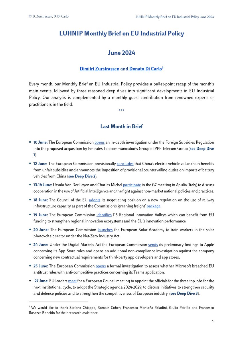 Our latest LUHNIP Monthly Brief on EU Industrial Policy Brief is out!

Featuring  insights on EU investigations into the Chinese #BEV and the  acquisition of PPF Group by e&amp;, the last #EuropeanCouncil meeting &amp; the financing of #EU start/scale-ups.

👉🏻bit.ly/3zCm522