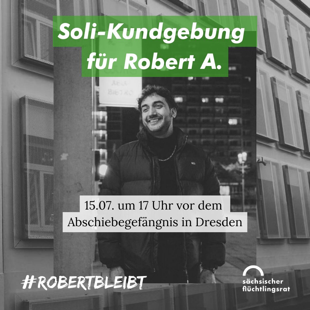 Achtung - Neuer Ort der Kundgebung! Bitte teilen! 

Robert wird aktuell aus Frankfurt abgeschoben, deswegen ziehen wir 17 Uhr gemeinsam vor das <a href="/SMIsachsen/">Innenministerium Sachsen</a>

Ort: Wendehammer am Carolaplatz, Archivstrasse