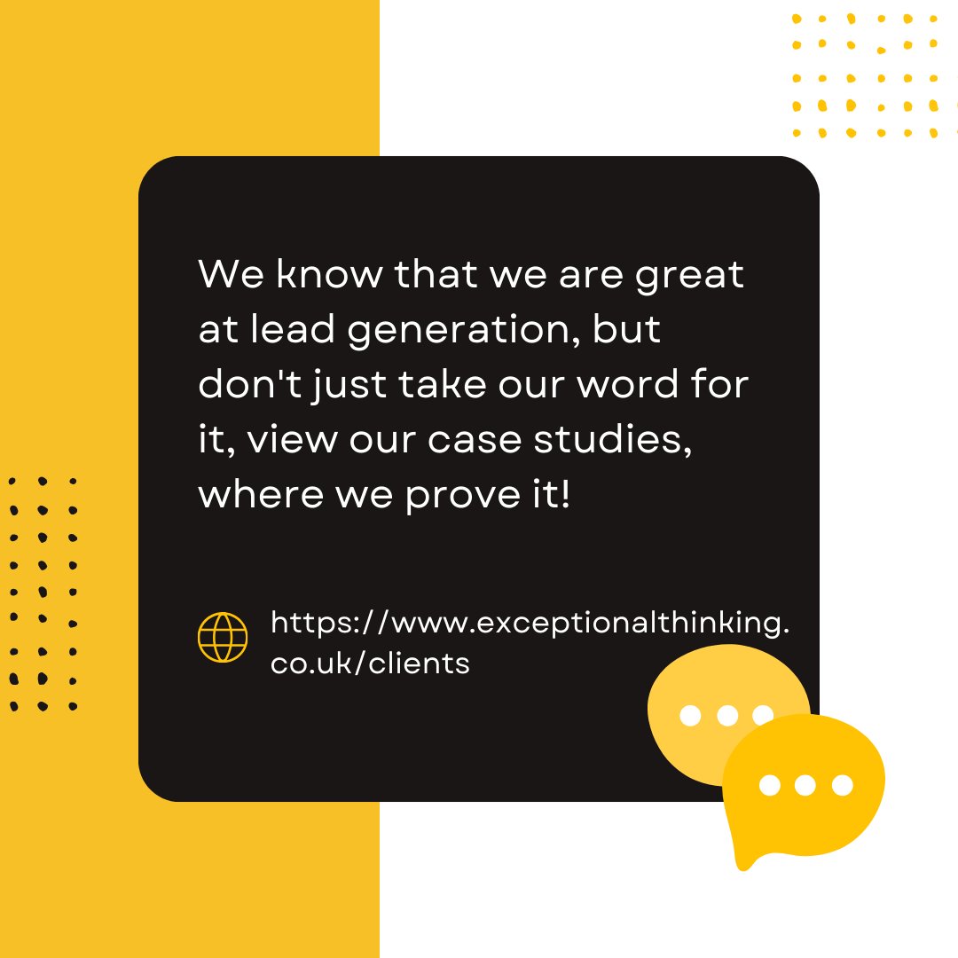 excthink's tweet photo. We know that we are great at lead generation, but don't just take our word for it, view our case studies, where we prove it! https://t.co/AF56P1KwzE https://t.co/zHH9QClDqx
