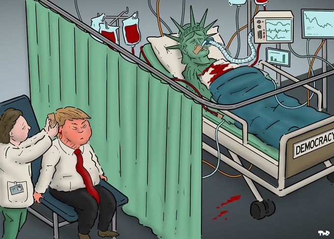 Cartoon showing a hospital ward. Trump is being attended by a doctor, who is putting a small bandage on his ear. Behind a curtain, Lady Liberty is lying, unconscious, bloody and hooked up on life support, in a hospital bed labeled 'democracy'.
