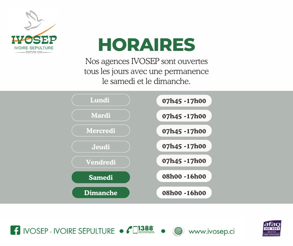 IvosepS's tweet photo. 🕰️Nos agences sont disponibles pour vous accompagner avant, pendant et après les obsèques dans ces moments difficiles.

🗓️ Lun-Ven : 07h45-17h00

🗓️ Sam-Dim : 08h00-16h00

#Ivosep #Horaires #ServicesFunéraires #cotedivoire https://t.co/ECrfwmItsC